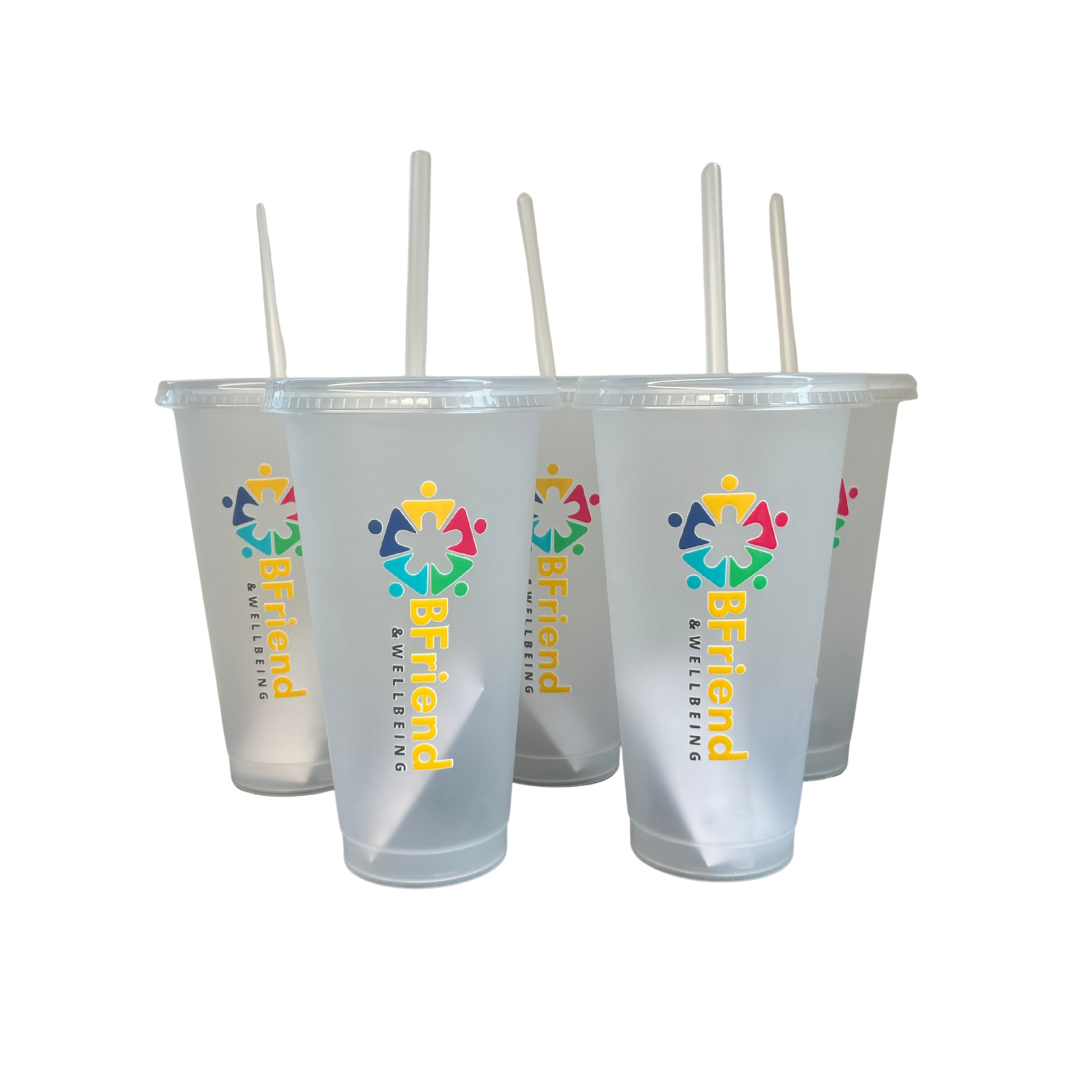 group of BFriend & Wellbeing clear plastic cup with a straw aon a white background