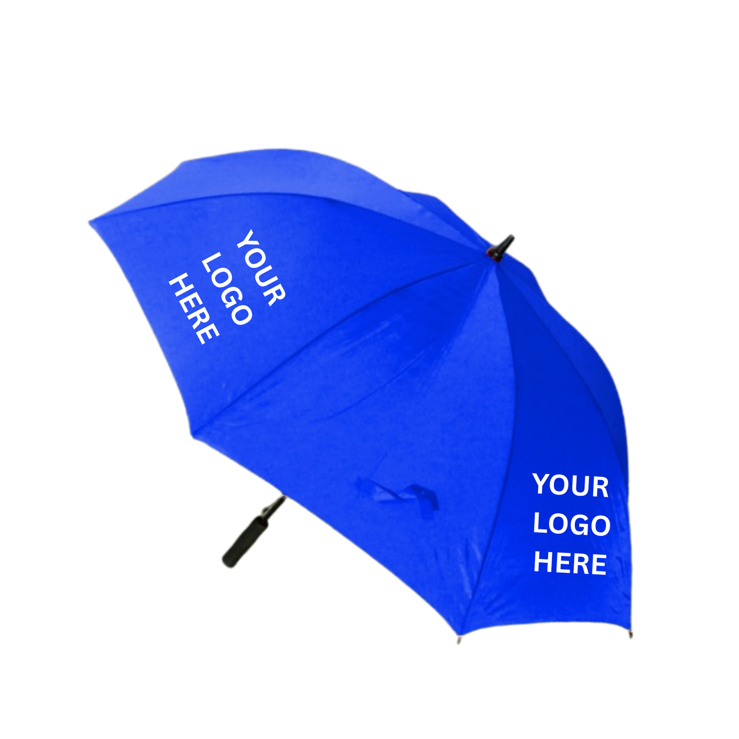 Bright Blue umbrella with 'your text here' text on a white background