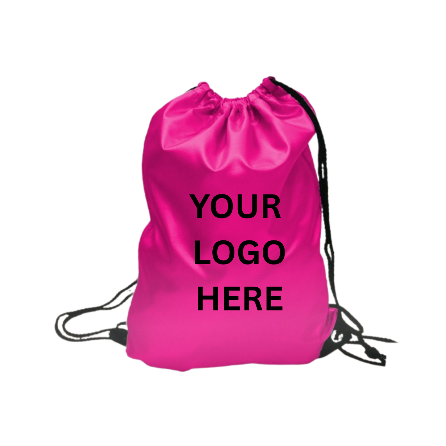 Pink drawstring bag with 'Your Logo Here' text on a white background