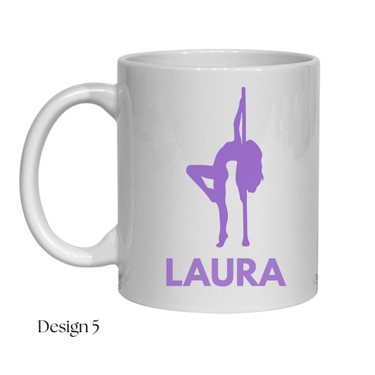 White mug with purple pole dancer design and 'LAURA' text on a white background