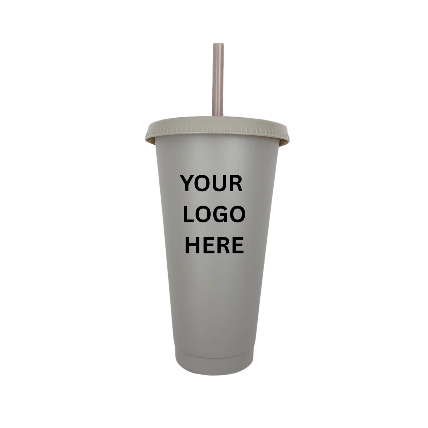 Grey tumbler with a straw lid on a white background, ready for customization with a logo.