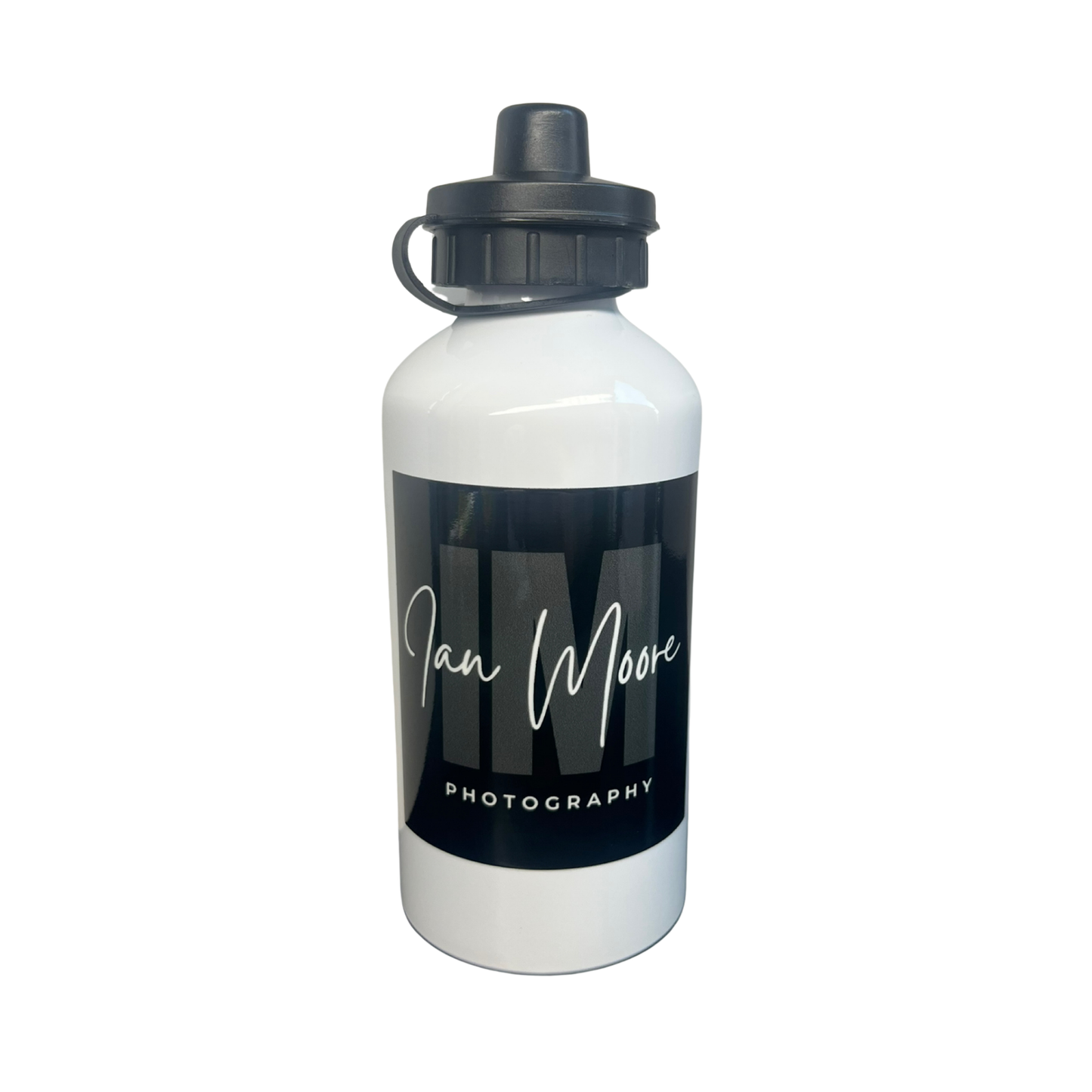 White water bottle with black label featuring 'Ian Moore Photography' on a white background