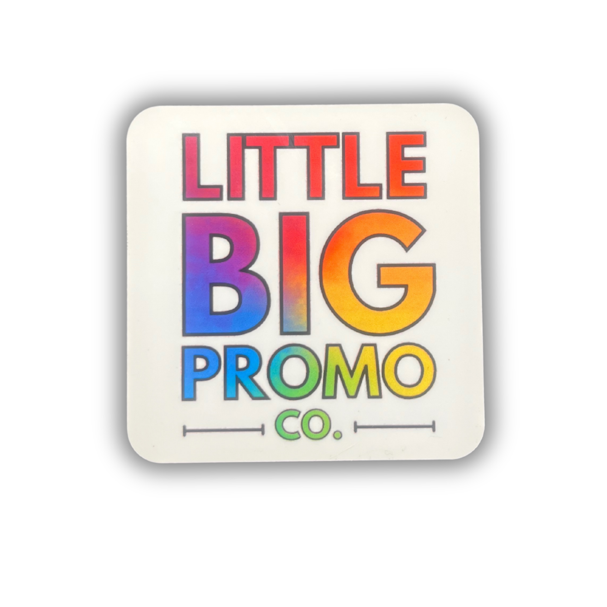 Colorful 'Little Big Promo Co.' logo on a square coaster white background