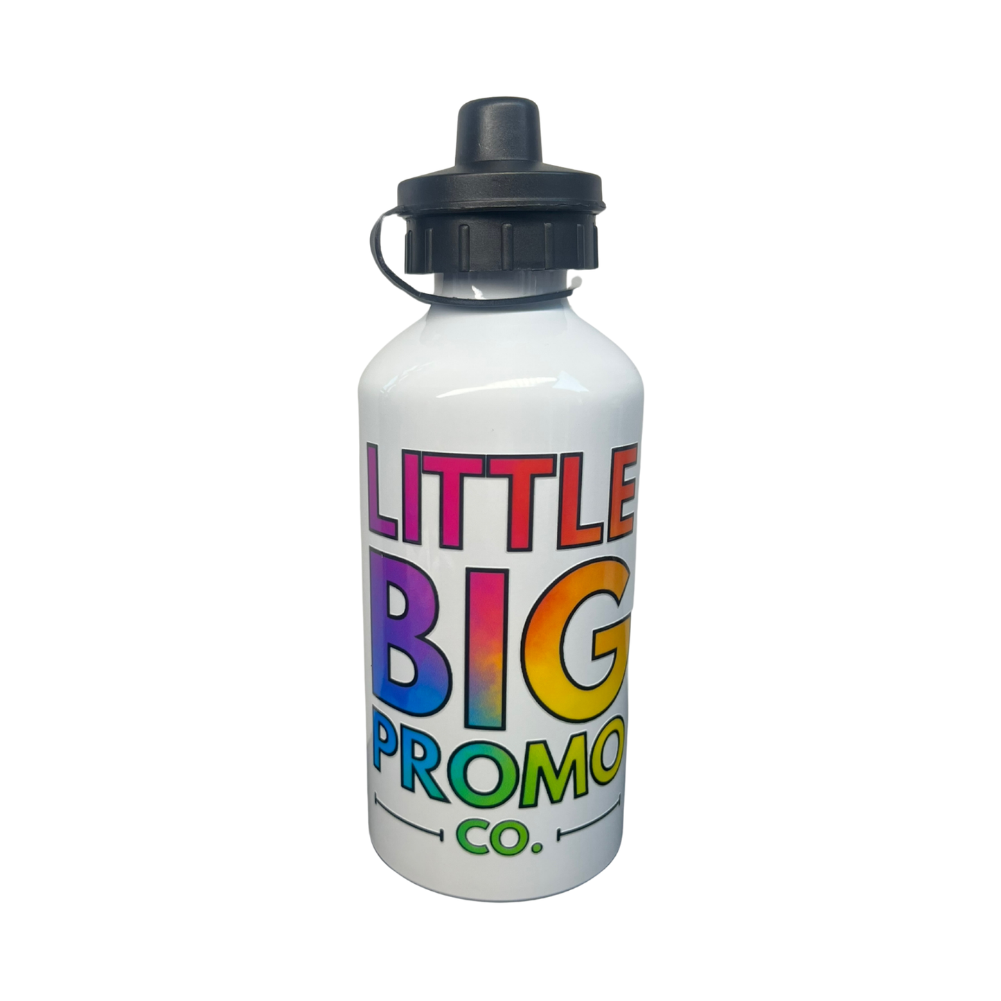 Customizable white stainless steel water bottle with little big promo co logo, perfect for adding your own branding or design.