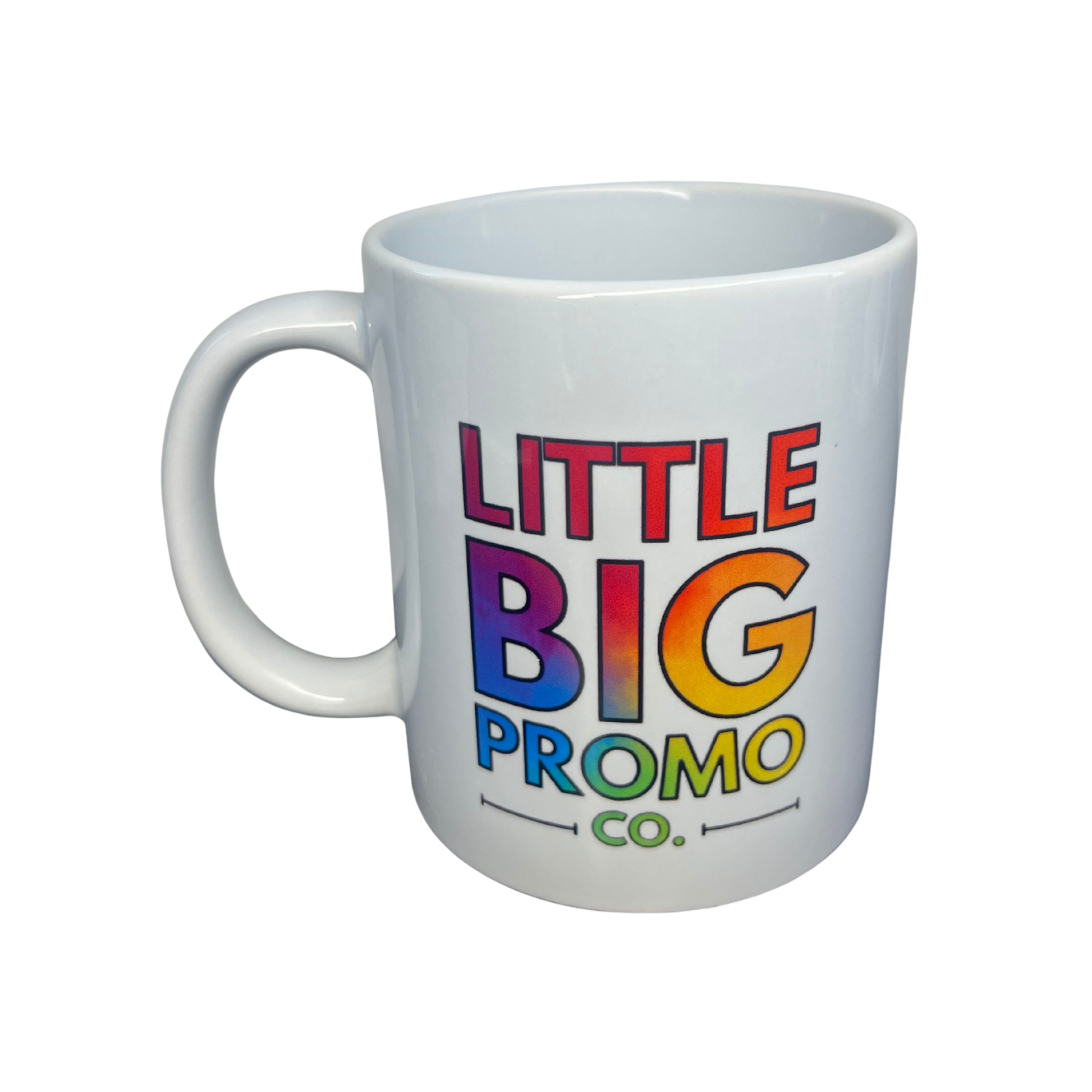 White mug on white backround with colourful text for the little big promo co logo on