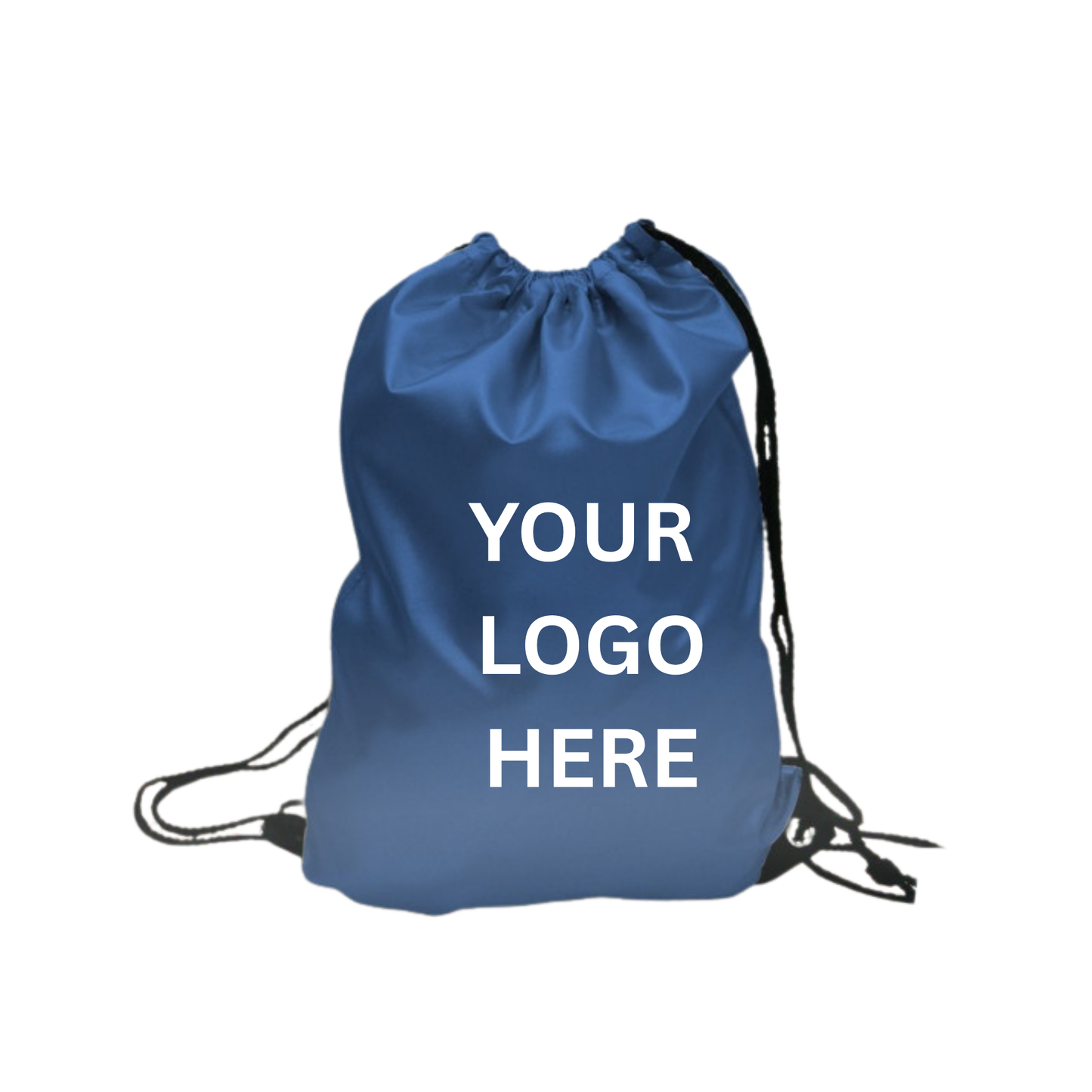 Navy Blue drawstring bag with 'YOUR LOGO HERE' text on a white background