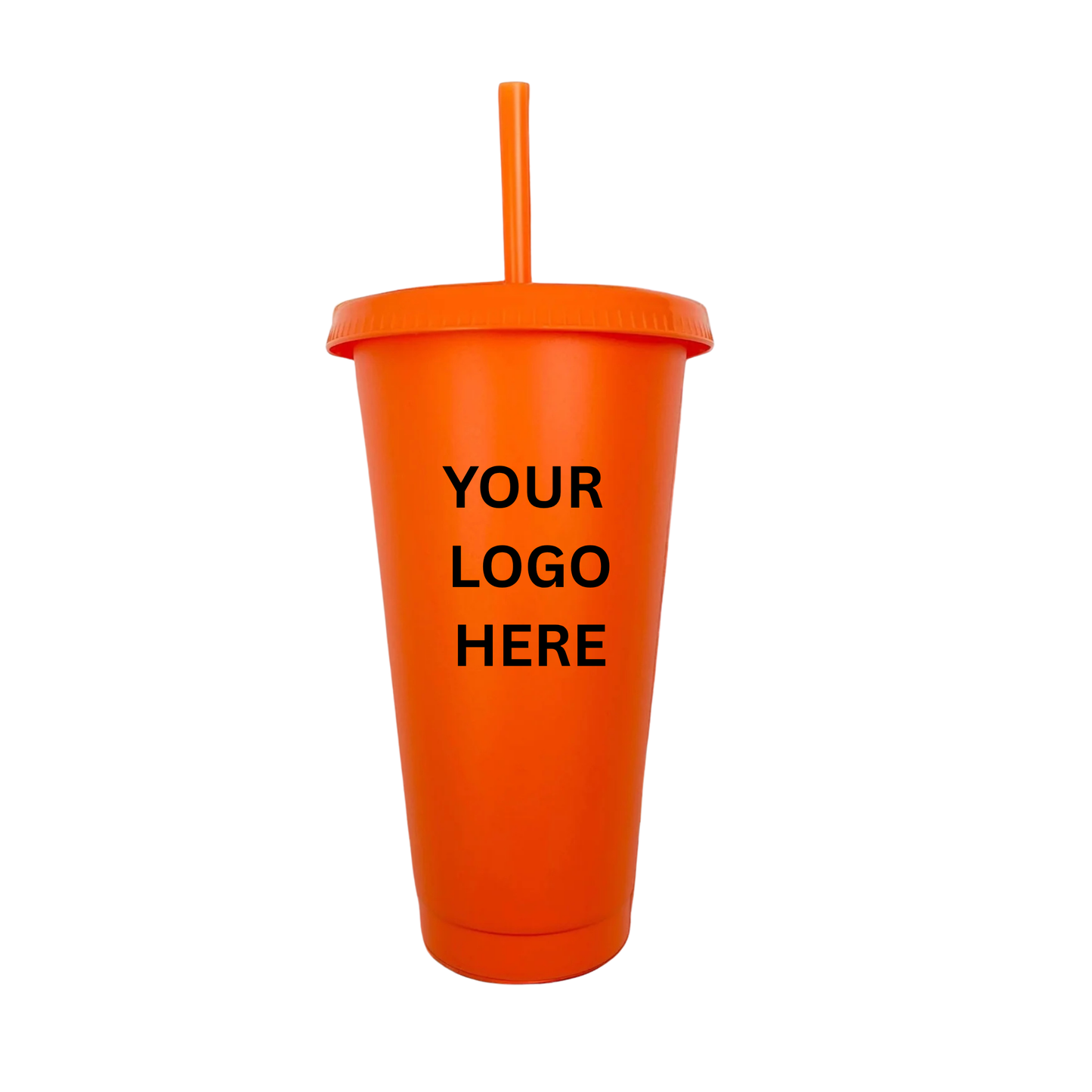 orange plastic cup with a straw and you logo here sign on a white background