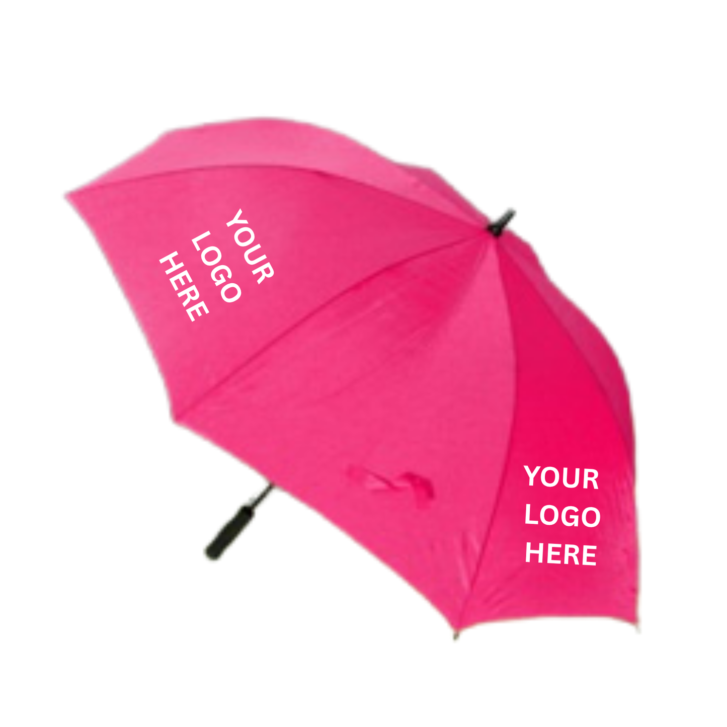 Pink umbrella with 'Your Logo Here' text on a white background