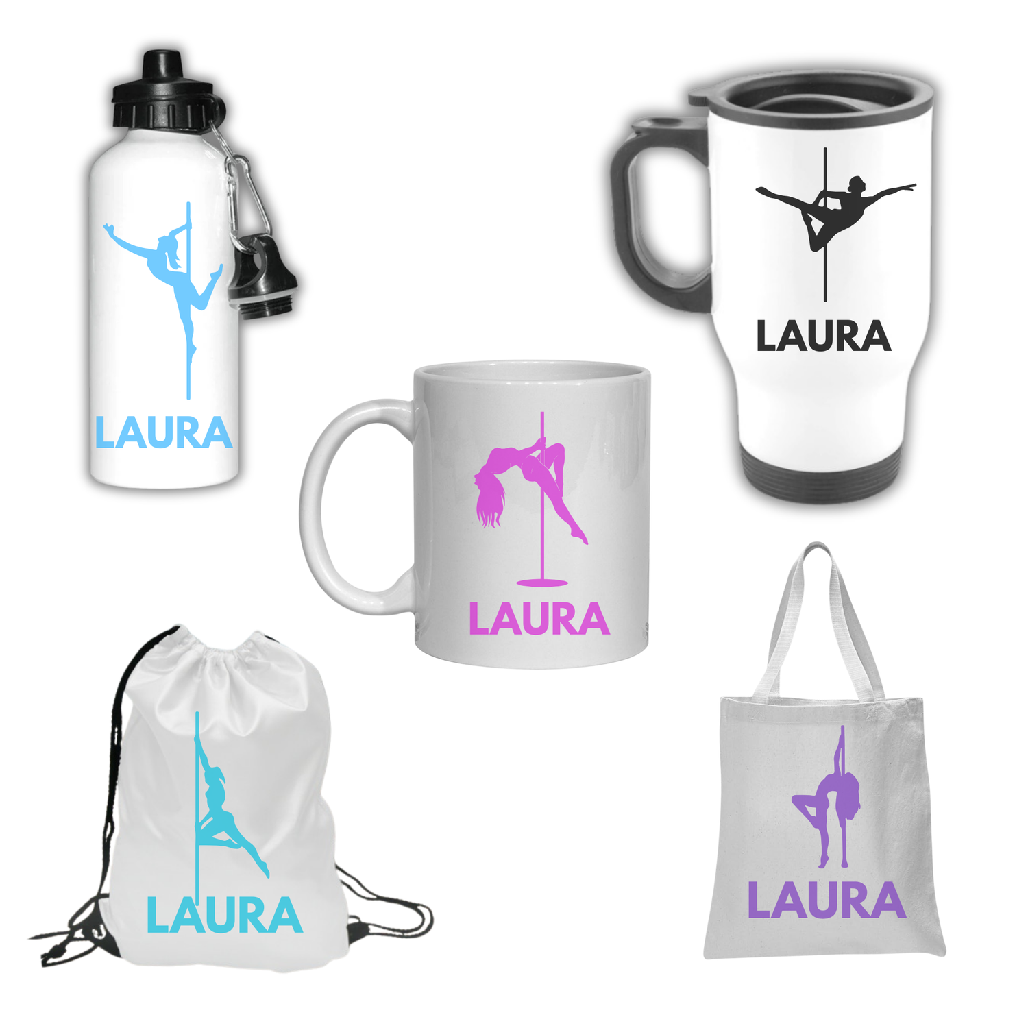 Collection of personalized ole fitness themed merchandise with 'Laura' branding on various items.
