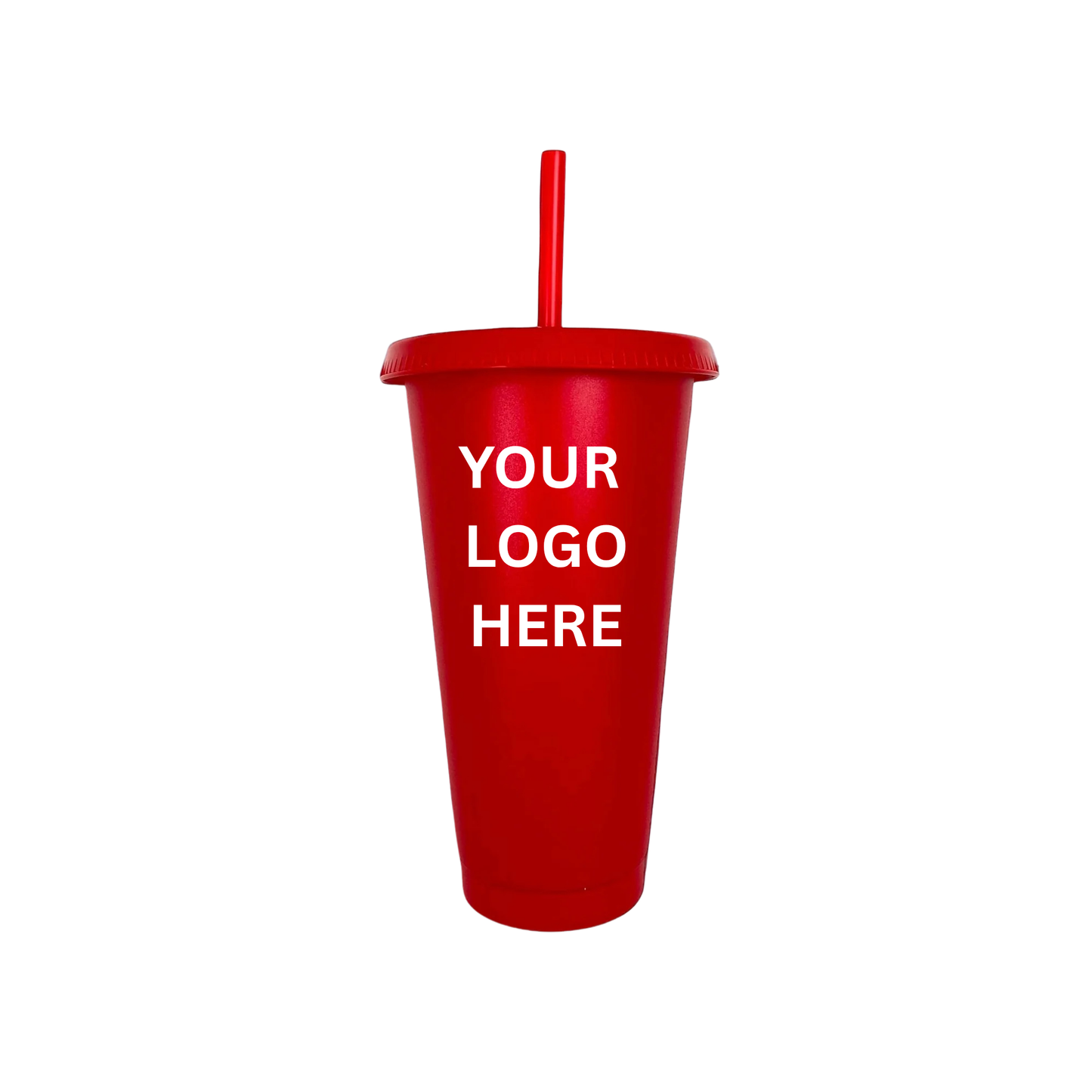 Redplastic cup with a straw and you logo here sign on a white background