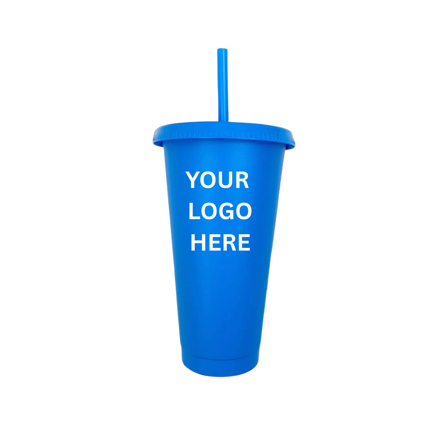 Royal blue tumbler with straw on a white background, ready for customisation with a logo.