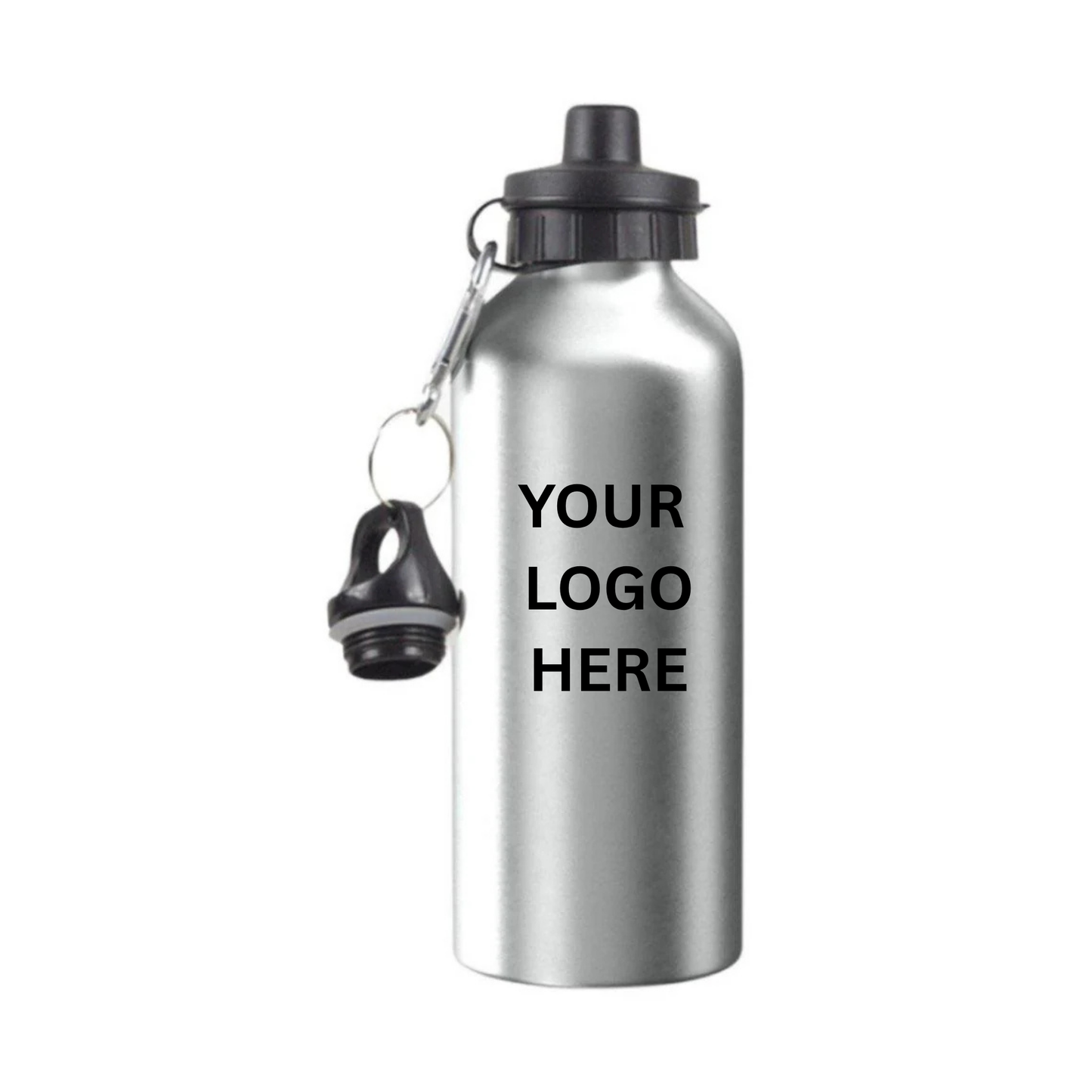 Silver water bottle with black text 'YOUR LOGO HERE' on a Silver background with extra lid