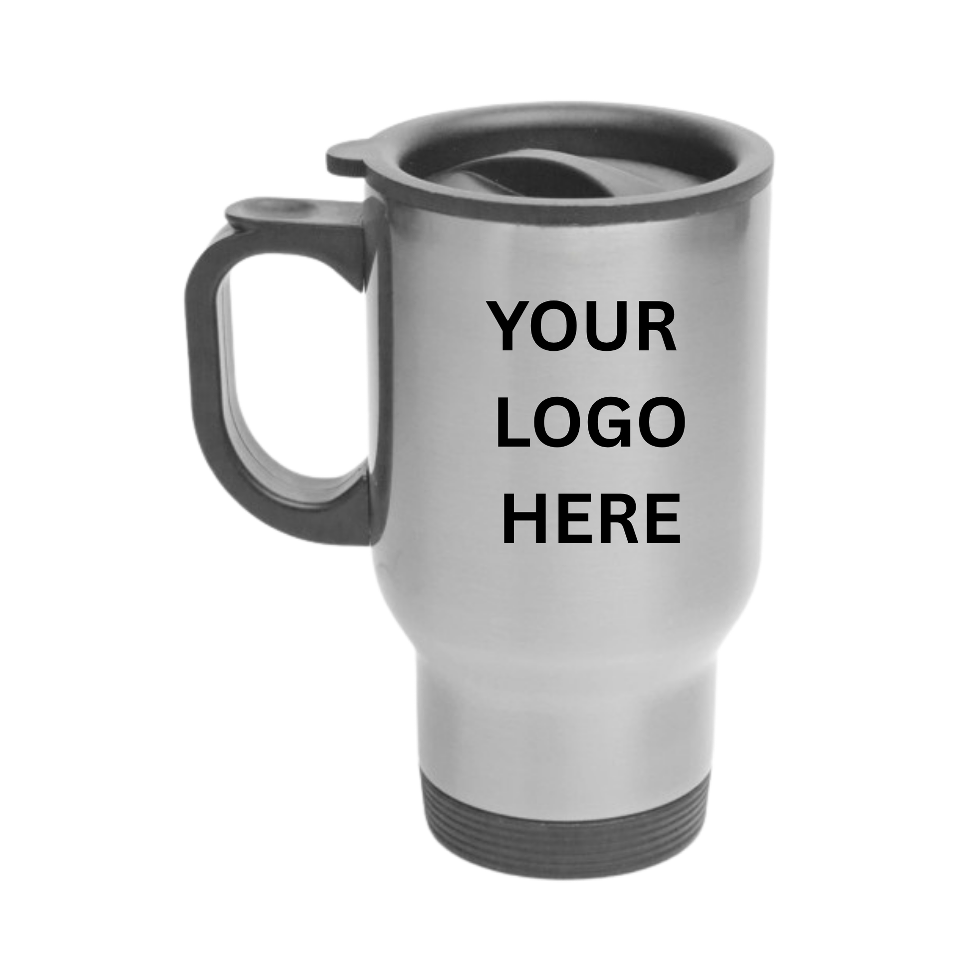 Silver travel mug with 'Your Logo Here' text on a white background