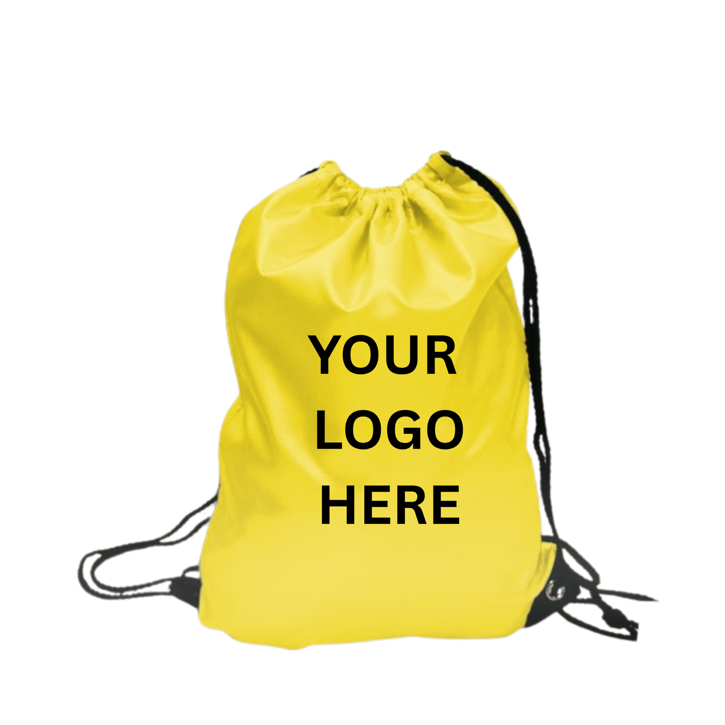Yellow drawstring bag with 'Your Logo Here' text on a white background