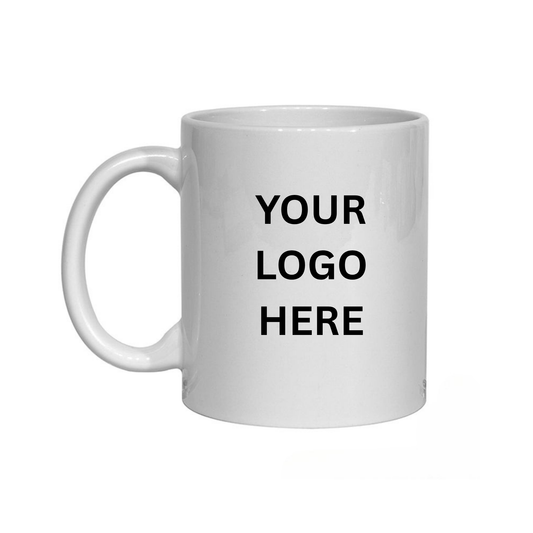 White mug with 'YOUR LOGO HERE' text on a white background