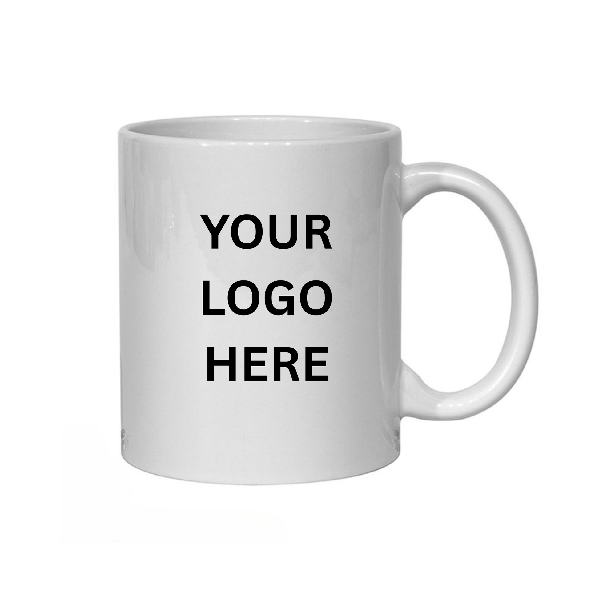 White mug with 'Your Logo Here' text on a white background reverse