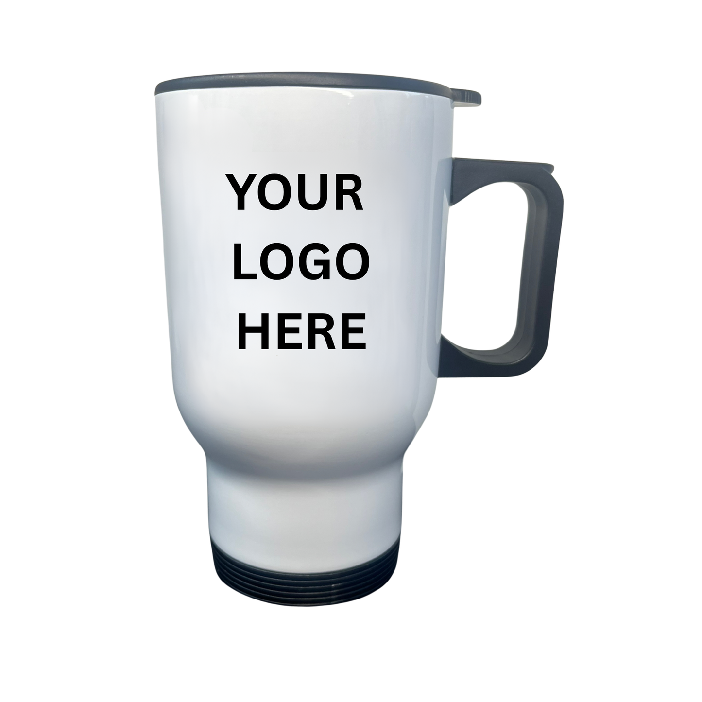 White travel mug with black handle and text 'YOUR LOGO HERE' on a white background