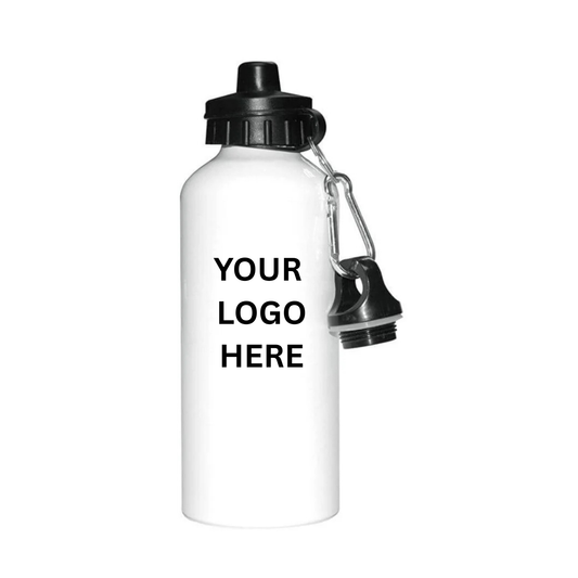 White water bottle with black cap and carabiner, ready for customization with a logo.