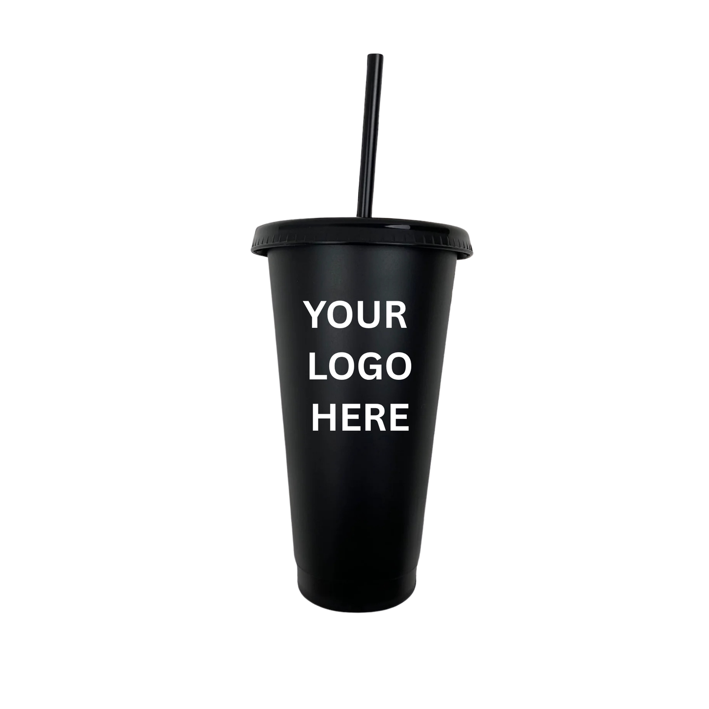 black plastic cup with a straw and you logo here sign on a white background