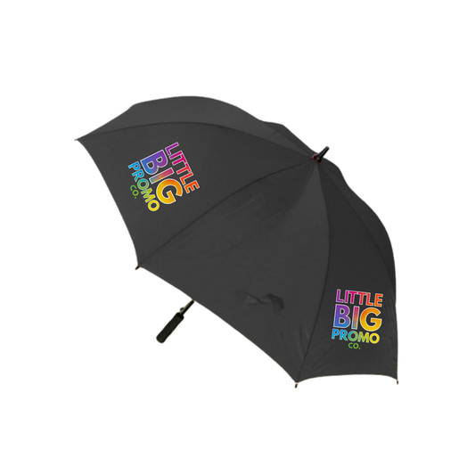 Black umbrella with colorful 'Little Big Promo Co.' text on a white background