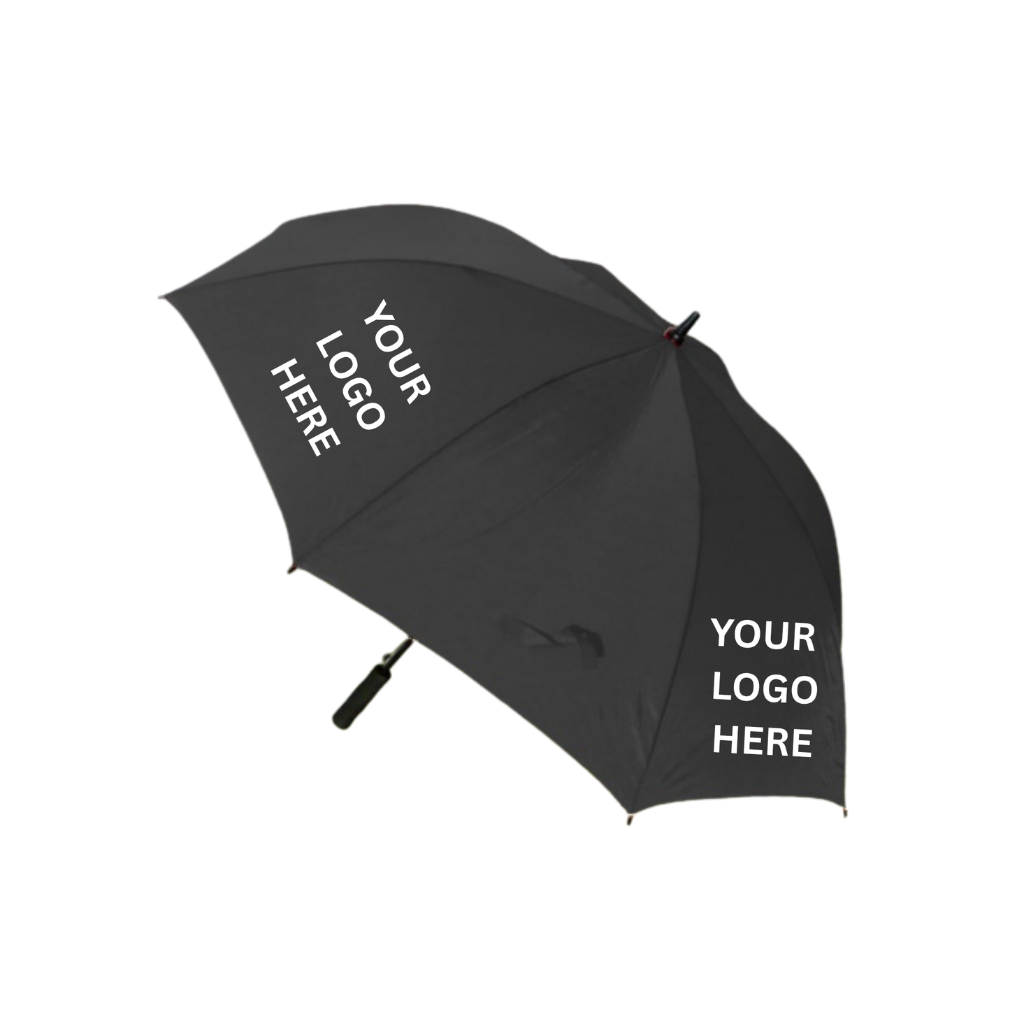 Black umbrella with 'Your Logo Here' text on a white background