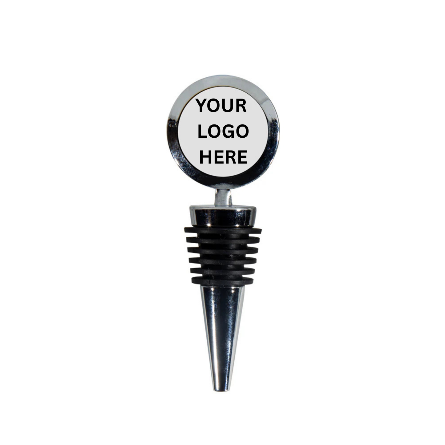 Custom circle wine stopper with customer logo on white background 