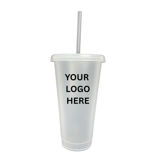 Clear plastic cup with a straw and you logo here sign on a white background