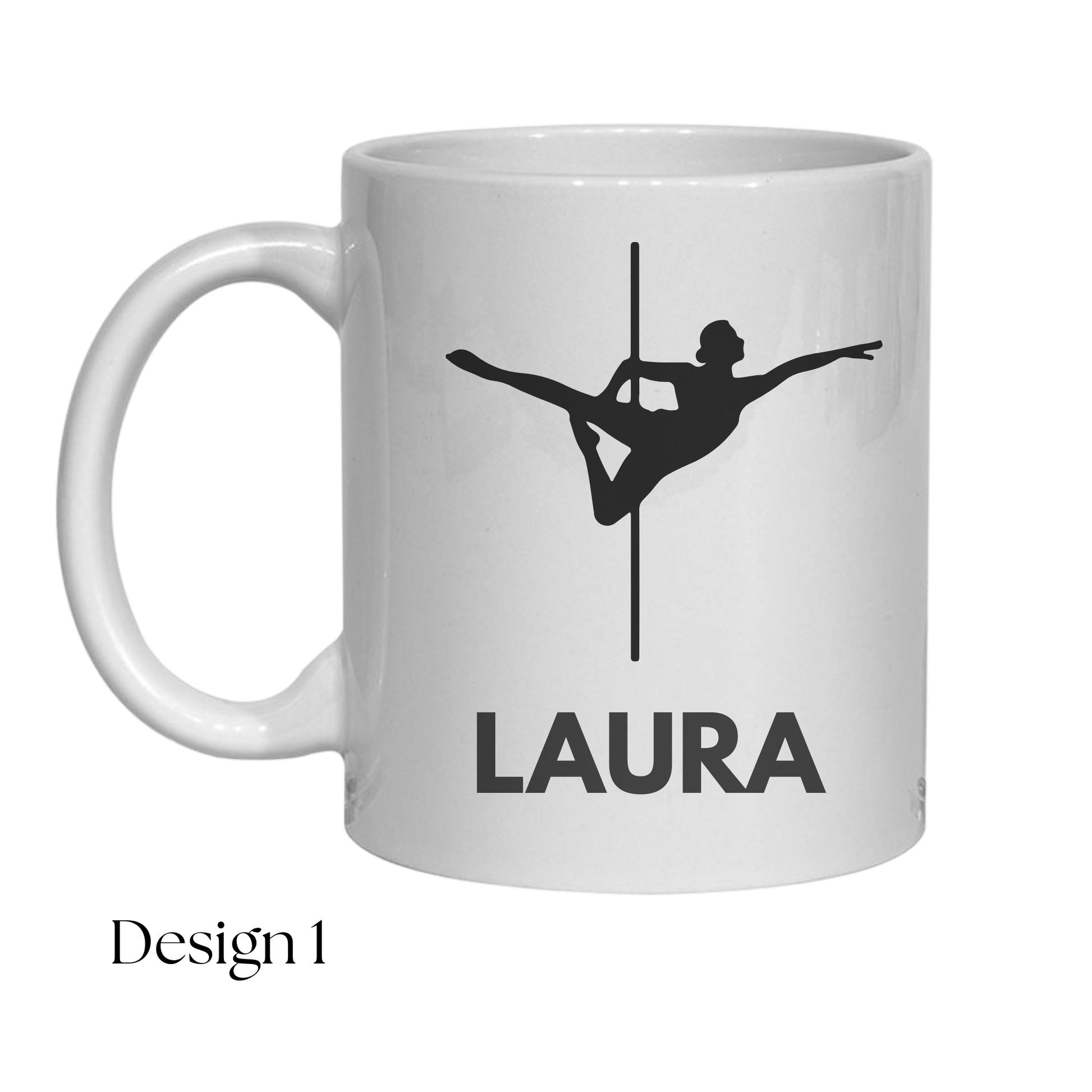 White mug with black pole dancer design and 'LAURA' text on a white background
