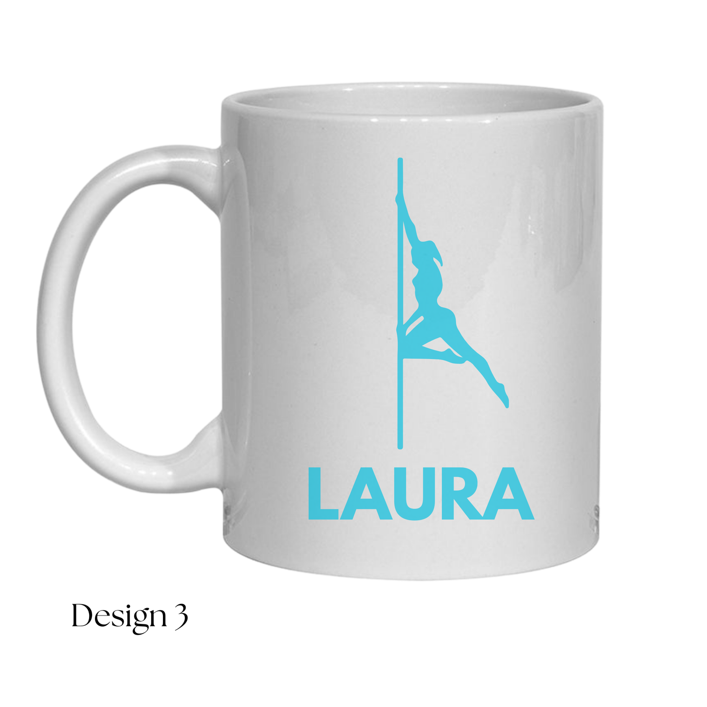 White mug with blue pole dancer design and 'LAURA' text on a white background