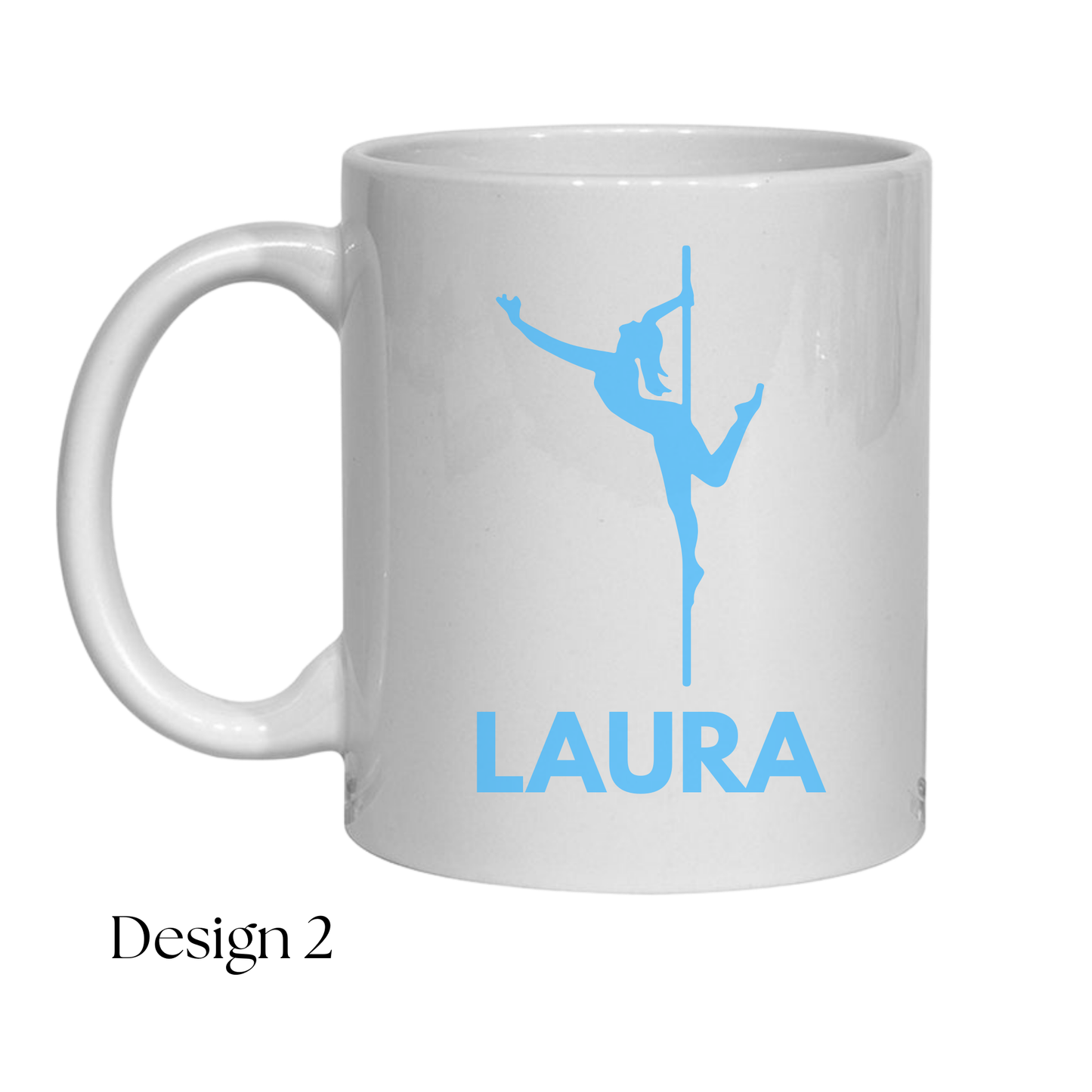 White mug with blue dancer silhouette and 'LAURA' text on a white background