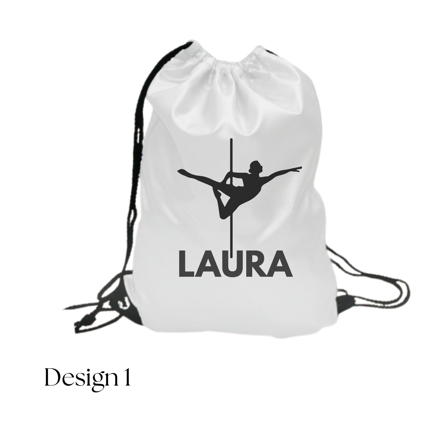 White drawstring bag with a silhouette of a pole dancer and the name 'Laura' on a white background.