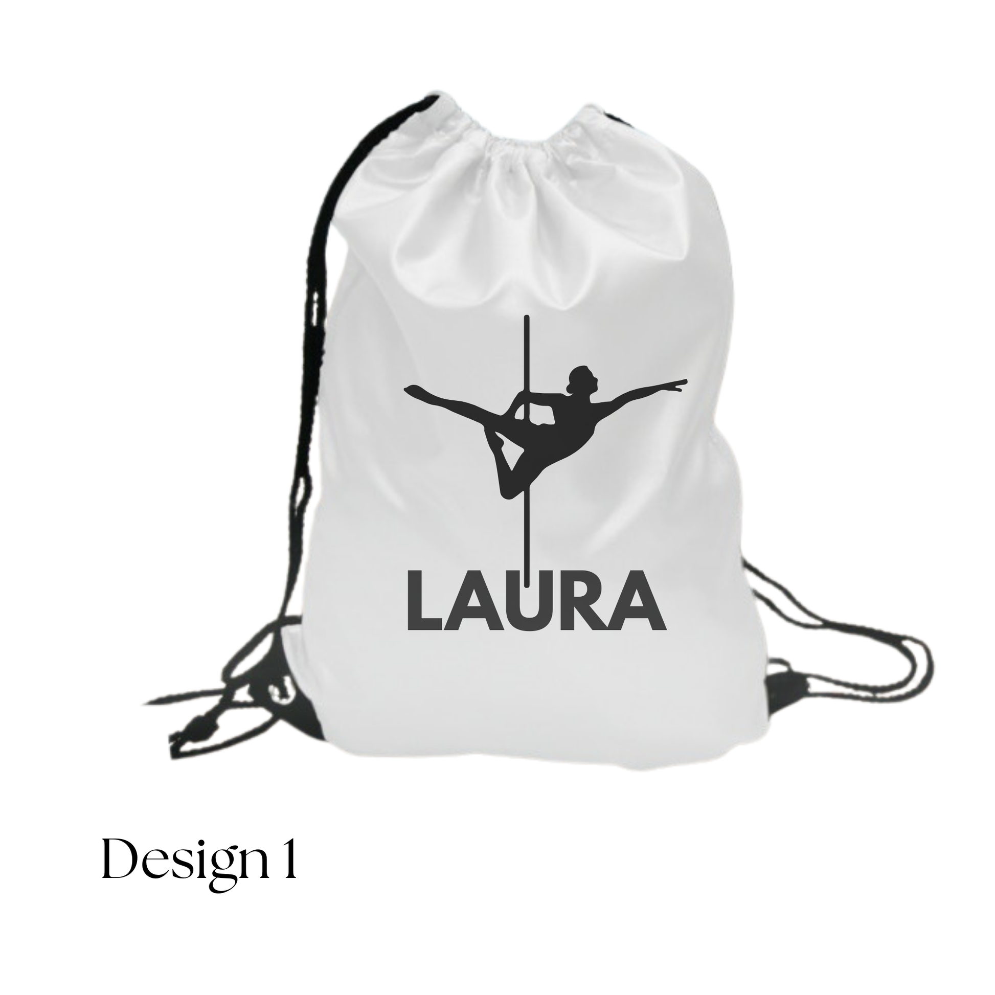 White drawstring bag with a silhouette of a pole dancer and the name 'Laura' on a white background.