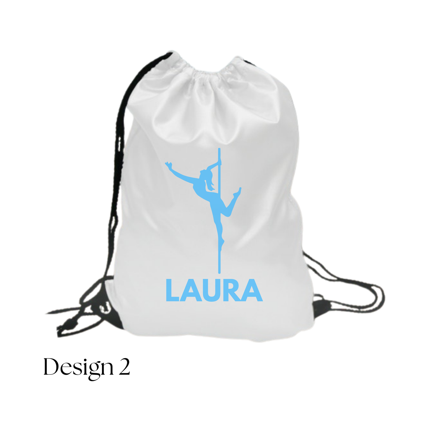 White drawstring bag with blue pole dancer silhouette and 'LAURA' text on a white background