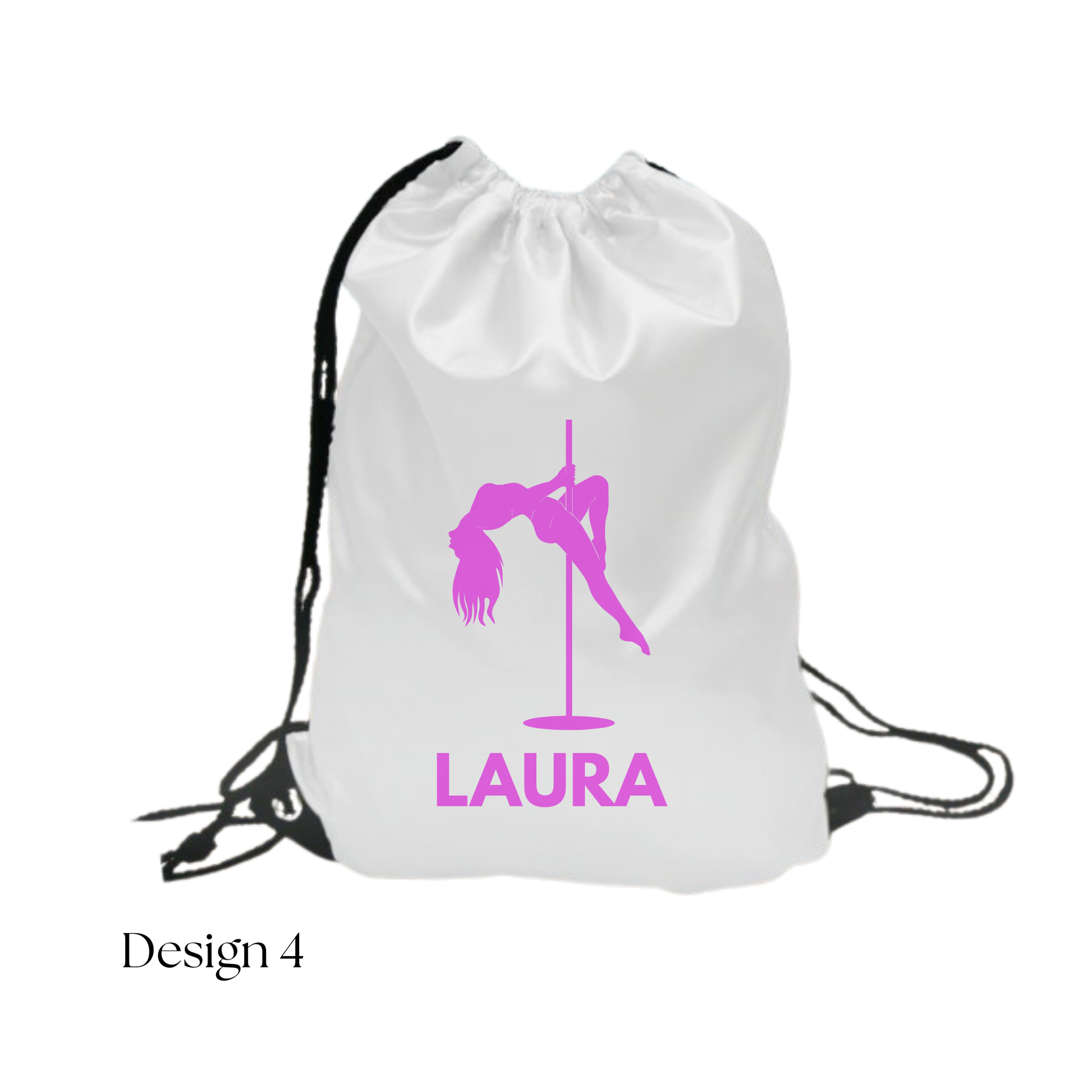 White drawstring bag with pink pole dancing design and 'Laura' text on a white background
