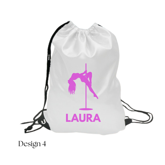 White drawstring bag with pink pole dancing design and 'Laura' text on a white background