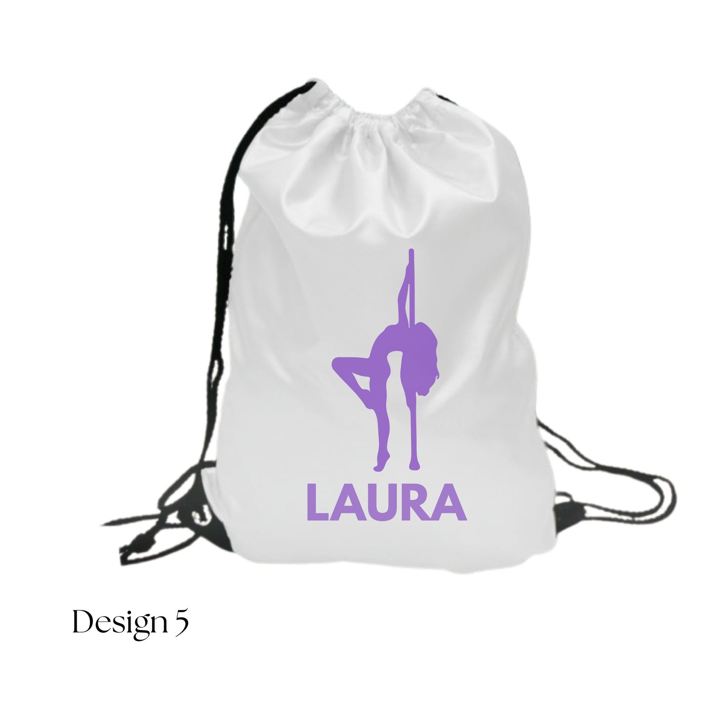 White drawstring bag with purple silhouette and 'Laura' text on a white background
