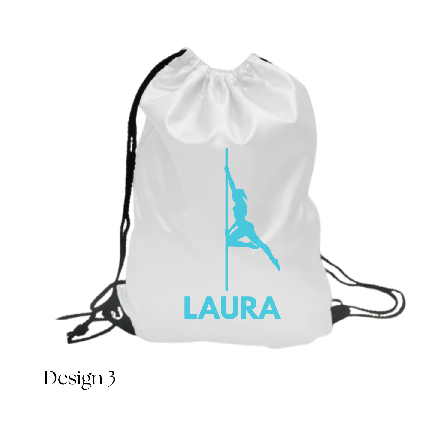 White drawstring bag with blue logo and 'LAURA' text on a white background