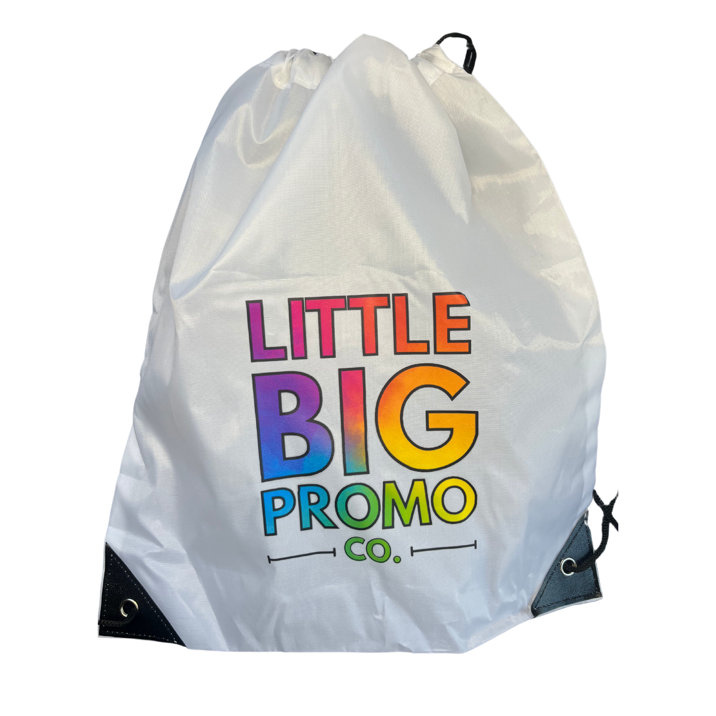 White drawstring bag with colorful 'Little Big Promo Co.' text on a white background
