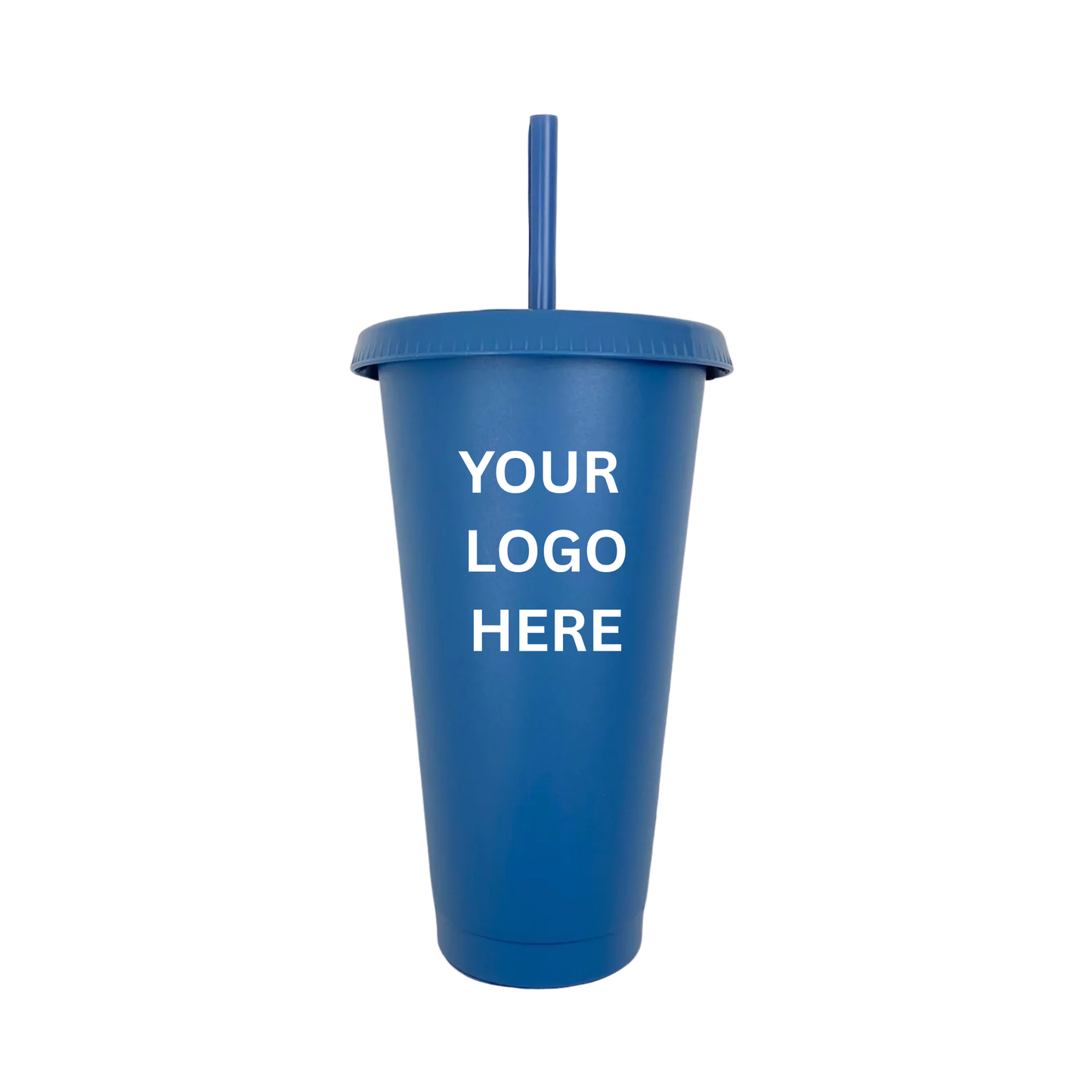 Navy blue tumbler with straw on a white background, ready for customisation with a logo.