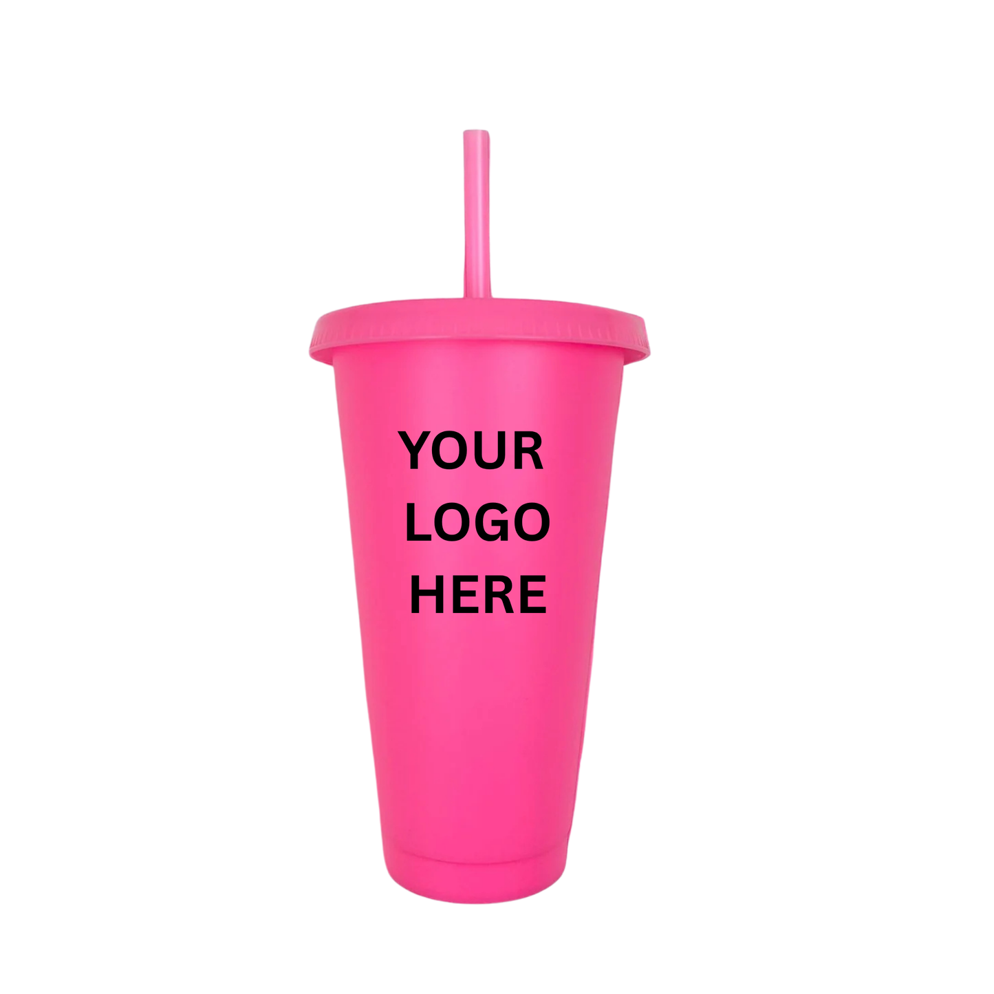 Pink tumbler with straw on a white background, customisable with 'Your Logo Here'.