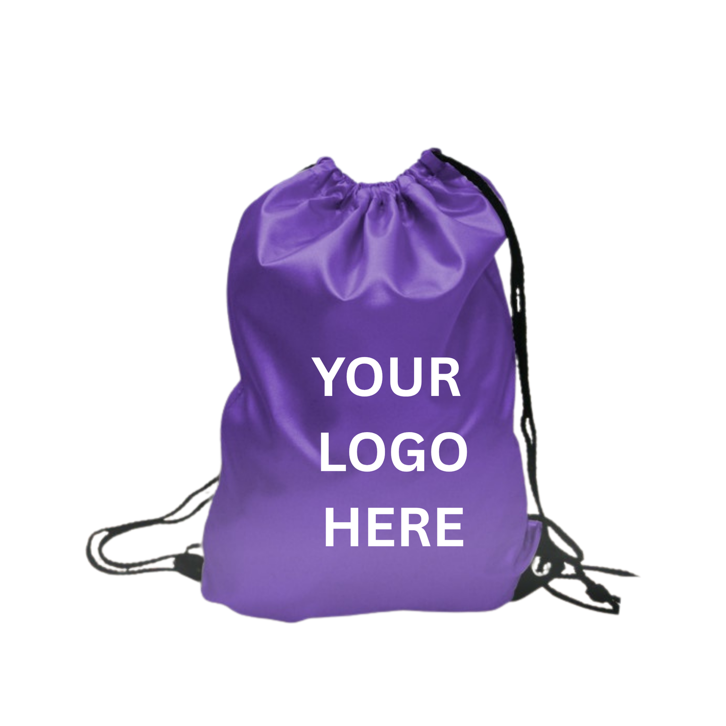 Purple drawstring bag with 'Your Logo Here' text on a white background