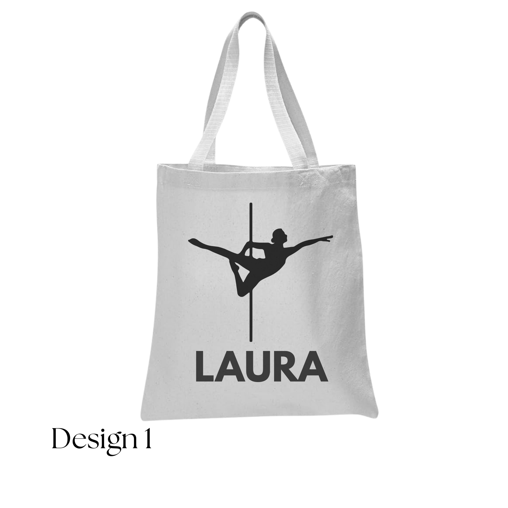 White tote bag with black silhouette design and 'LAURA' text on a white background