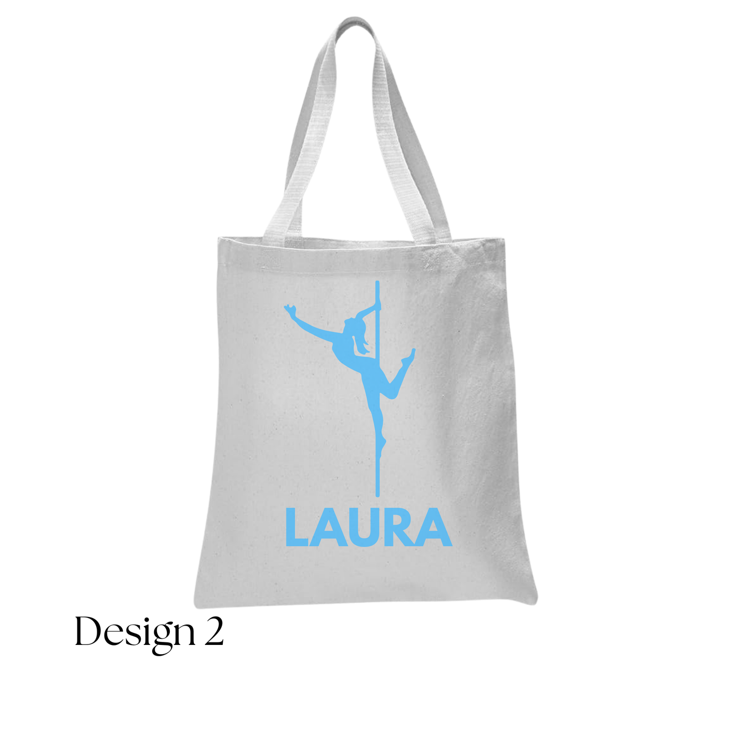White tote bag with blue dancer silhouette and 'Laura' text on a white background
