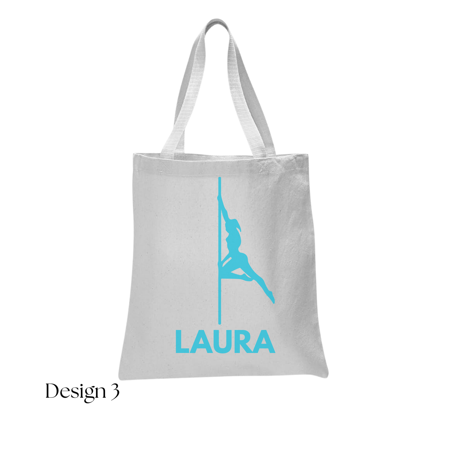 White tote bag with blue graphic and 'LAURA' text on a white background