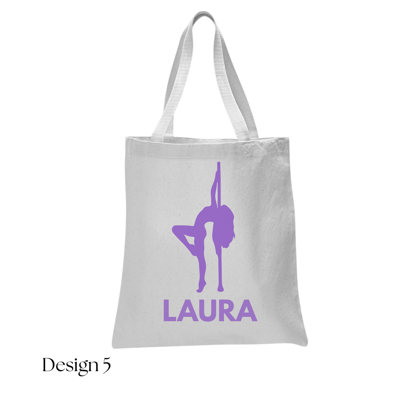 White tote bag with purple silhouette design and 'Laura' text on a white background