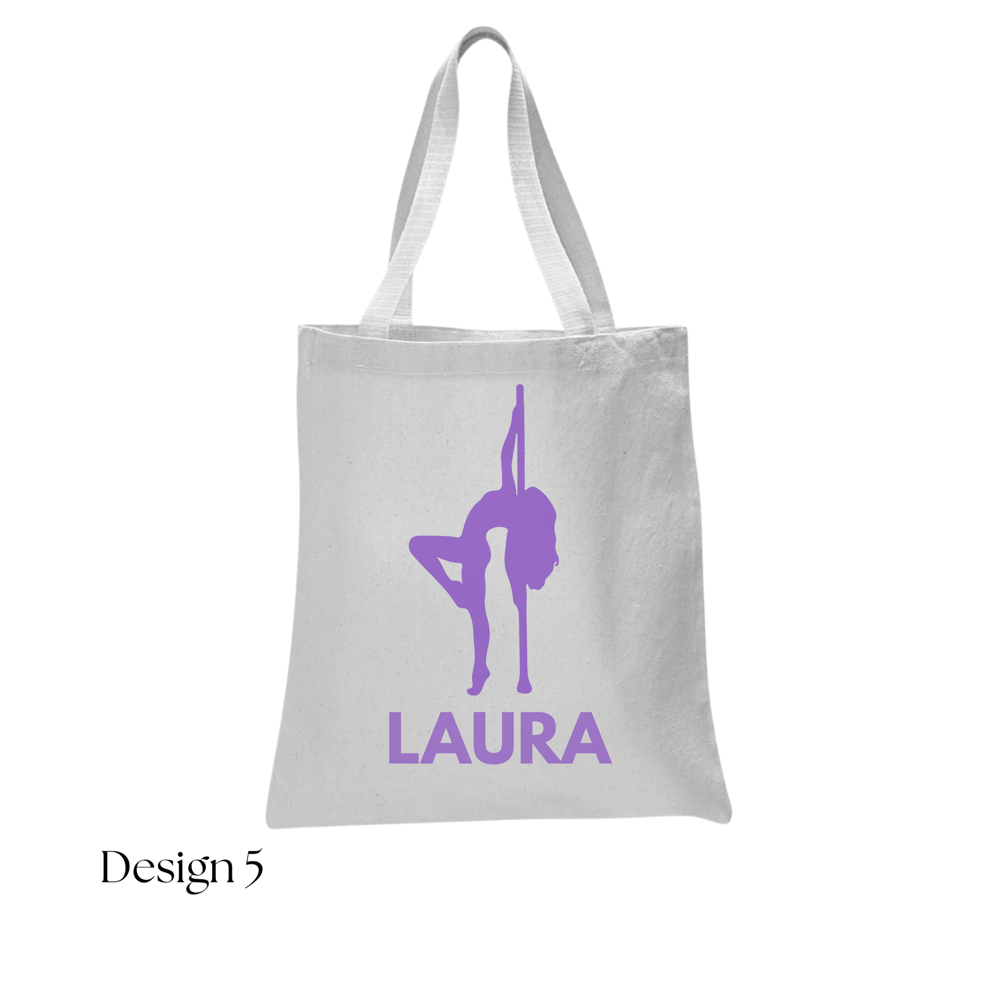 White tote bag with purple silhouette design and 'Laura' text on a white background