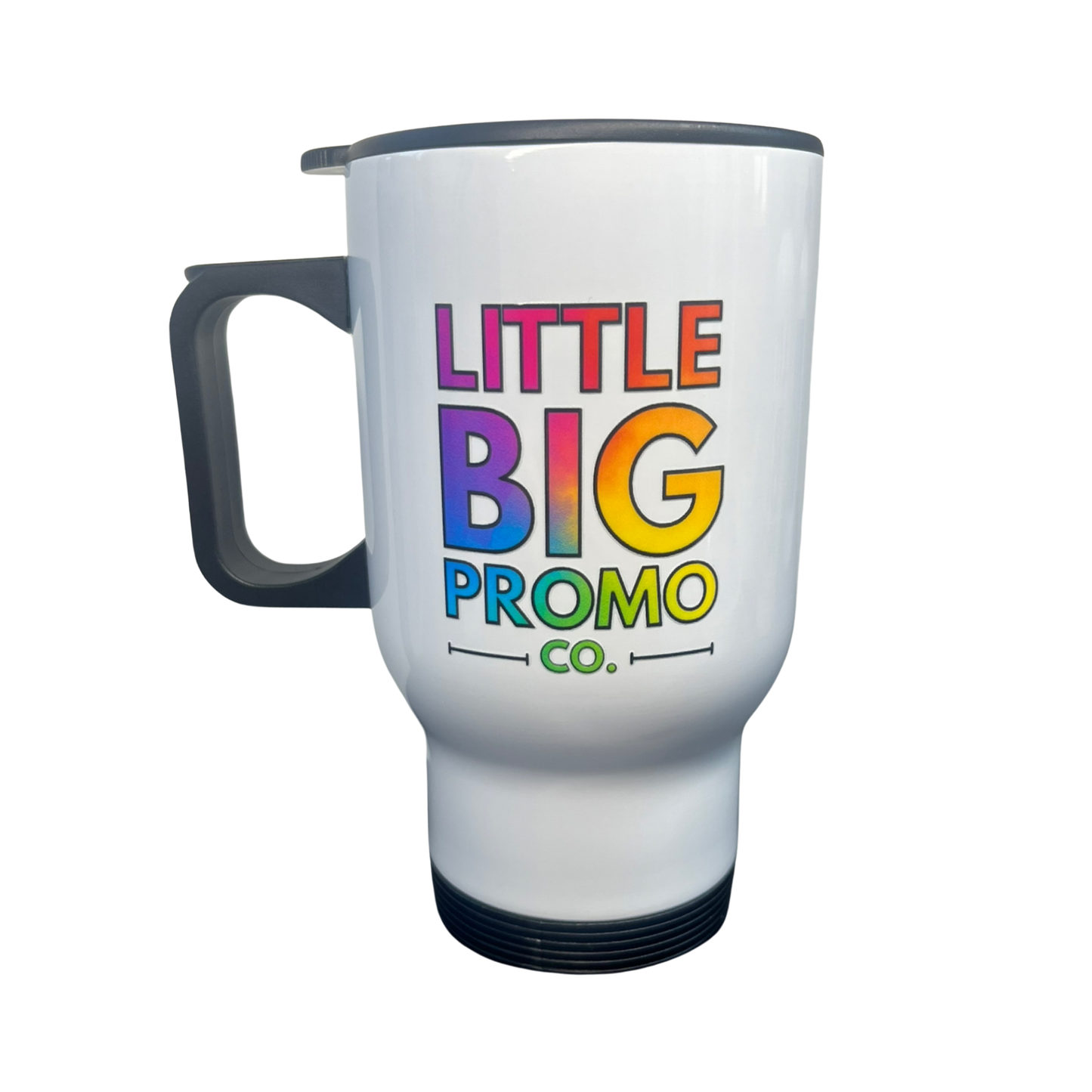 White travel mug with colorful 'Little Big Promo Co.' text on a white background colourful rainbow