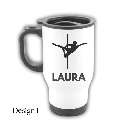 White travel mug with black handle featuring a dancer silhouette and the name 'Laura'.