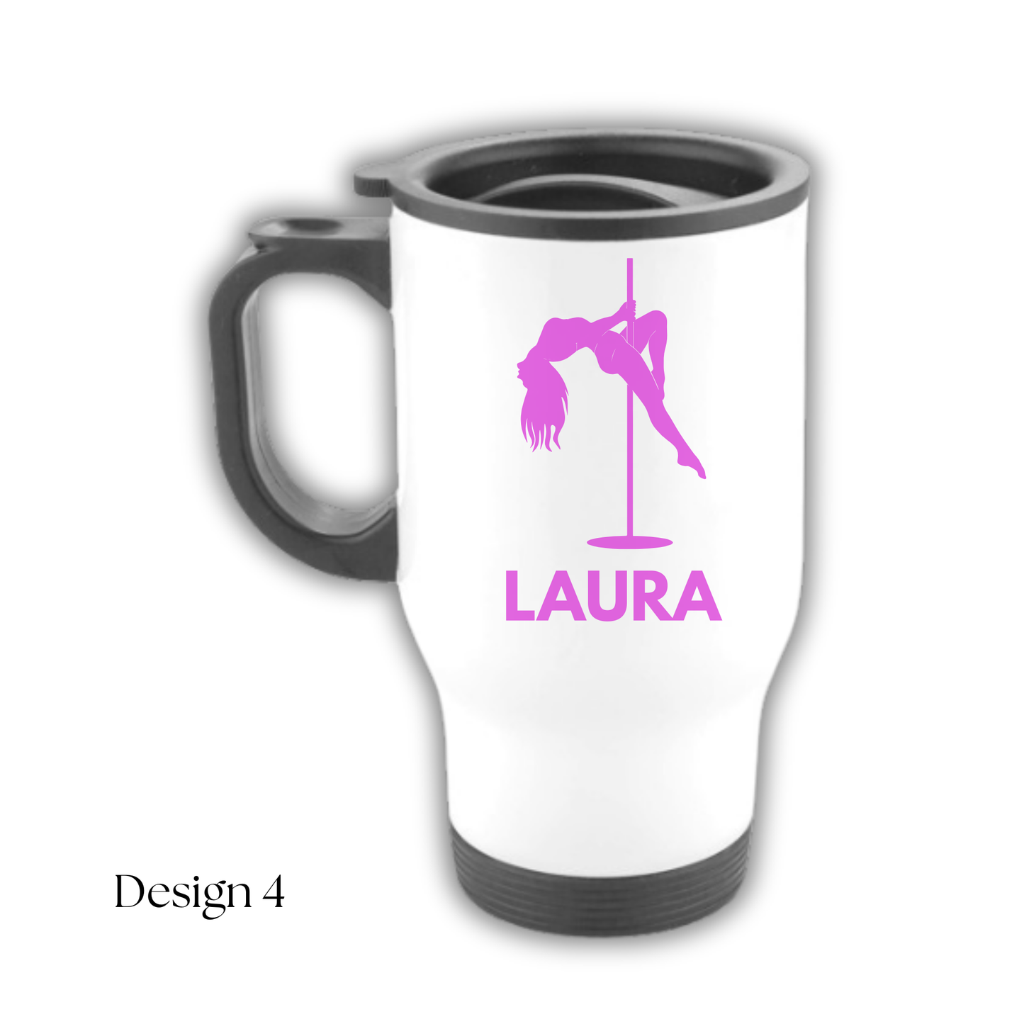 White travel mug with pink 'Laura' design on a white background