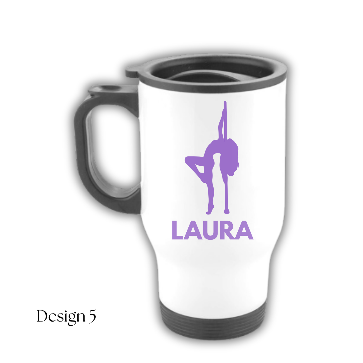 White travel mug with purple silhouette design and 'Laura' text on a white background